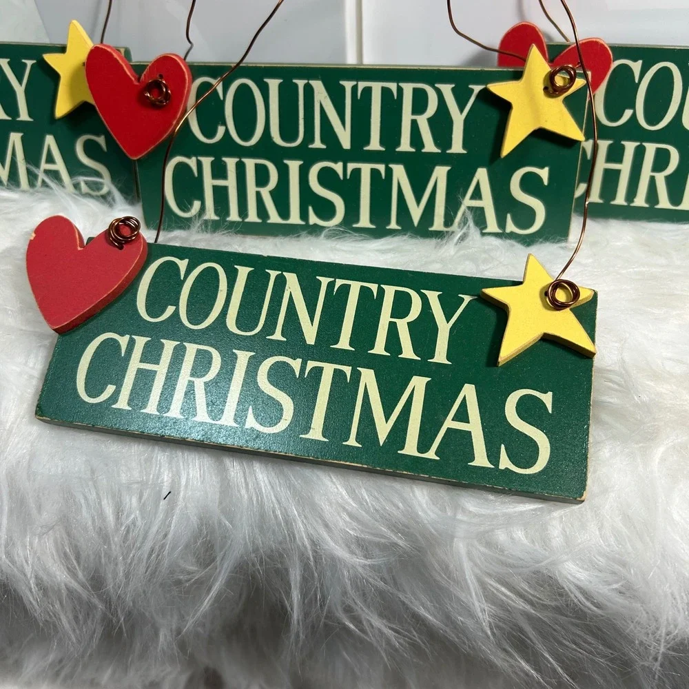 Set‎ of 4 Rustic Country Christmas Wood Ornaments Hearts Yellow Stars